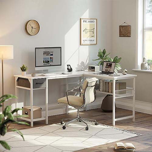 Image of CubiCubi L Shaped Gaming Desk with Power Strip, 150 * 120cm Reversible Corner Computer Desk with Storage Shelves, Modern Home Office Gaming Table, White