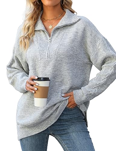 Bmjl Womens Pullover Sweaters Quarter Zip Pullover Collared Sweater 2023 Fall Soft Slouchy Long Sleeve Tops With Slit (Grey, L) #TOP28