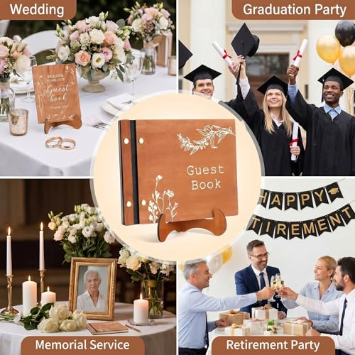 Image of Engrowtic Wooden Wedding Guest Book Set with Pen and Photo Stickers, 88 Lined Pages Keepsake Guest Book for Weddings, Celebrations, Memorial, 9x7 Personalized Guestbook in Hard Cover and Table Sign