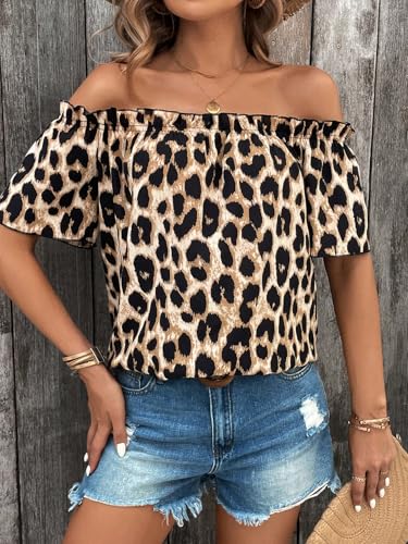 SweatyRocks Women's Off Shoulder Leopard Print Blouse Short Sleeve Ruched Summer Shirt Tops4
