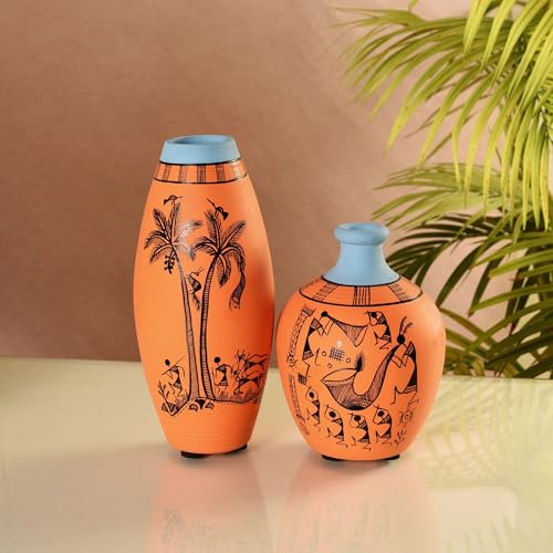 Image of Aakriti Art Creations Desert Safari Terracotta Vase Set of 2 | Handcrafted Warli Art Decorative Flower Vases | Matte Finish Orange Tribal Vase Set for Living Room Table Decor & Housewarming Gift
