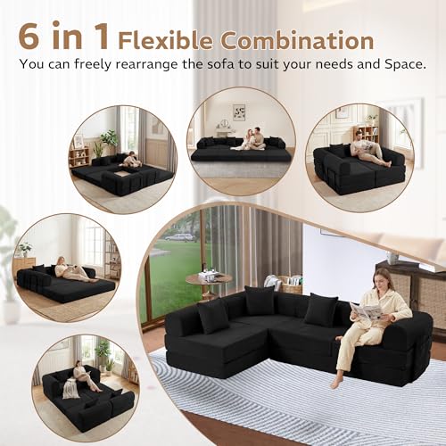Image of 141.73'' U-Shaped Sectional Sofa Bed, 6-in-1 Modular Corduroy Couch with Soft Cloud-Like Feel, Removable Storage Bag, Anti-Pilling Fabric, Tool-Free Assembly, for Living Room, Black