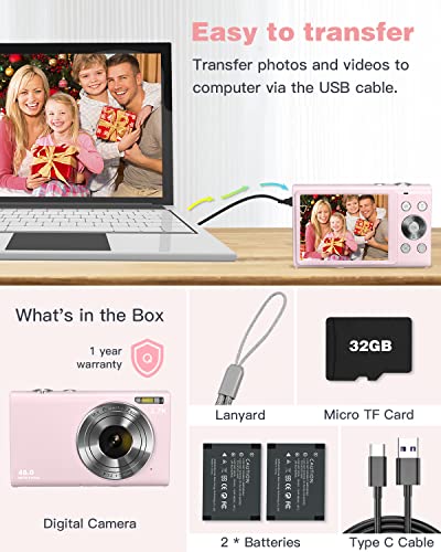 Digital Camera Auto Focus 2.7K 48Mp Digital Point And Shoot Camera With 32Gb Memory Card,16X Zoom, Time Lapse Vlogging Camera Digital Cameras For 8-15 Years Kids Teenagers Students Boys Girls,Pink #TOP5