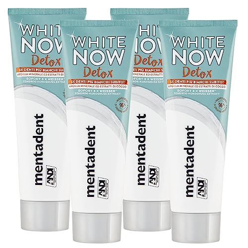 Mentadent White Now Detox Dentifricio Sbiancante con Argilla Minerale e Estratti di Cocco Azione Istantanea Contro Macchie Superficiali Denti Sbiancamento Temporaneo - 4 Flaconi da 75ml