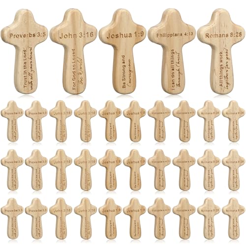 Lewtemi 30 Pcs Small Wood Handheld Crosses Bulk 2.5in Pocket Bible Verse Prayer Cross Engraved Scripture Christian Religious Inspirational Gift for Sunday Easter Church Jesus (Natural)