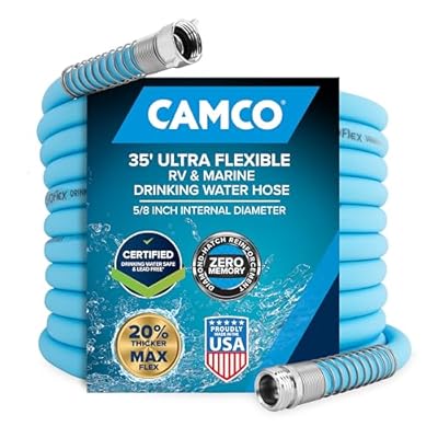 Camco EVOFlex 35-Ft RV Drinking Water Hose - Features Extra Flexible Design w/Stainless Steel Strain Relief Ends - Lead-Free, BPA-Free and Phthalate-Free - 5/8” Inside Diameter (22595)