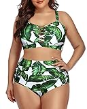Daci Women Green Leaves Plus Size Two Piece Bikini Swimsuit High Waisted Bottom Ruched Lace Up Bathing Suit 14W