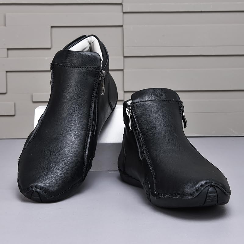 Men's Leather Handmade High Top Chukka Ankle Boots Comfortable Round Toe Side Zipper Slip On Sneakers Fashion Lightweight Outdoor Walking Driving High Boots - Image 3