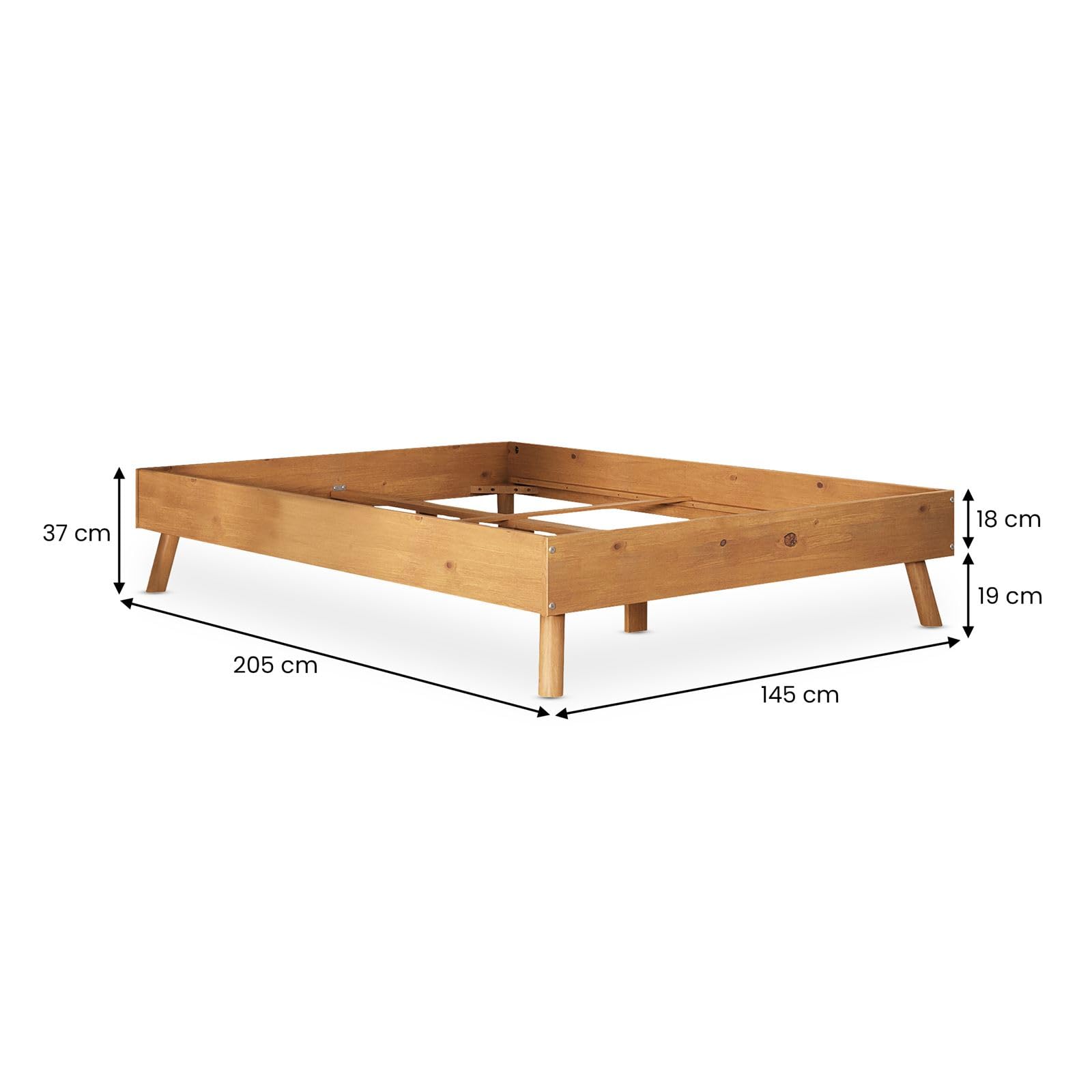 IDIMEX Karri Letto futon 140 x 200 in legno di pino massello color quercia, robusto letto matrimoniale con gambe coniche, struttura stabile, barra centrale con piedini di supporto