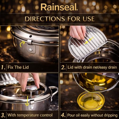 Image of Stainless Steel Deep Fryer Pot with Thermometer and Oil Drip Rack, Tempura Frying Pan with Lid for French Fries, Chicken, Fish and Snacks