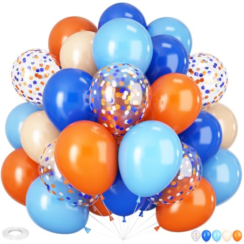 Image of HILAVO Blue and Orange Balloons, 60PCS 12 Inch Royal Light Blue and Orange Beige Balloon Confetti Balloons for Kids Space Theme Party Baby Shower Birthday Graduation Party Decoration
