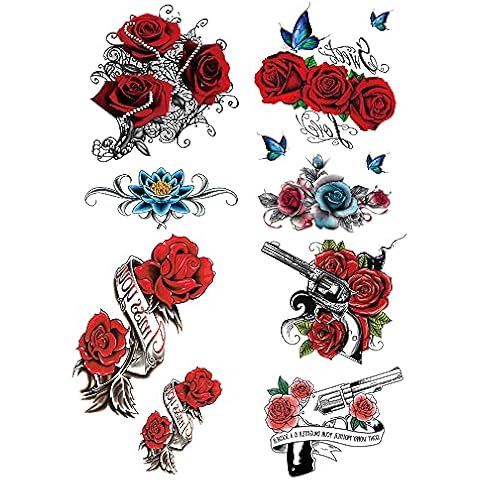 Yesallwas 4 Sheets Rose Temporary Tattoo Sticker Fake Tattoos for Women Girls Models,Waterproof Long Lasting Body Art Makeup Sexy Realistic Arm Tattoos -Rose, Flowers Cover