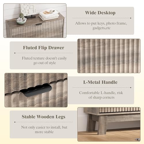 Image of HUANLEGO Shoe Cabinet Storage for Entryway with 2 Flip Drawers, Fluted Narrow Shoe Organizer with Wooden Legs, Freestanding Slim Shoe Storage Hidden Shoe Rack Organizer for Front Door Entrance, Grey