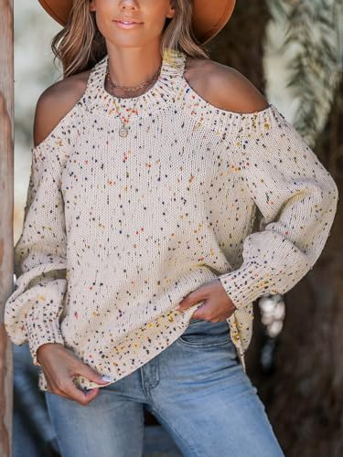 Image of CUPSHE Women's Cold Shoulder Oversized Sweaters Long Sleeve Criss Cross Rainbow Pom Knit Jumper Tops