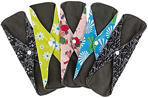 5 PCS Reusable Sanitary Pads, 18 x 25.5cm Washable Menstrual Pads Towels Panty Liners Heavy Flow Sanitary Napkin Bamboo Charcoal Hygiene Cloth for Women Day and Night