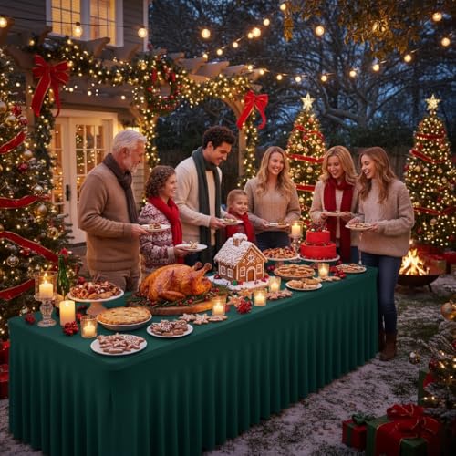 Image of HolidayIdeas 2 Pack Hunter Green Spandex Table Cover for 8ft Rectangle Desk, 96 Inch Fitted Skirt for Christmas Buffet Party