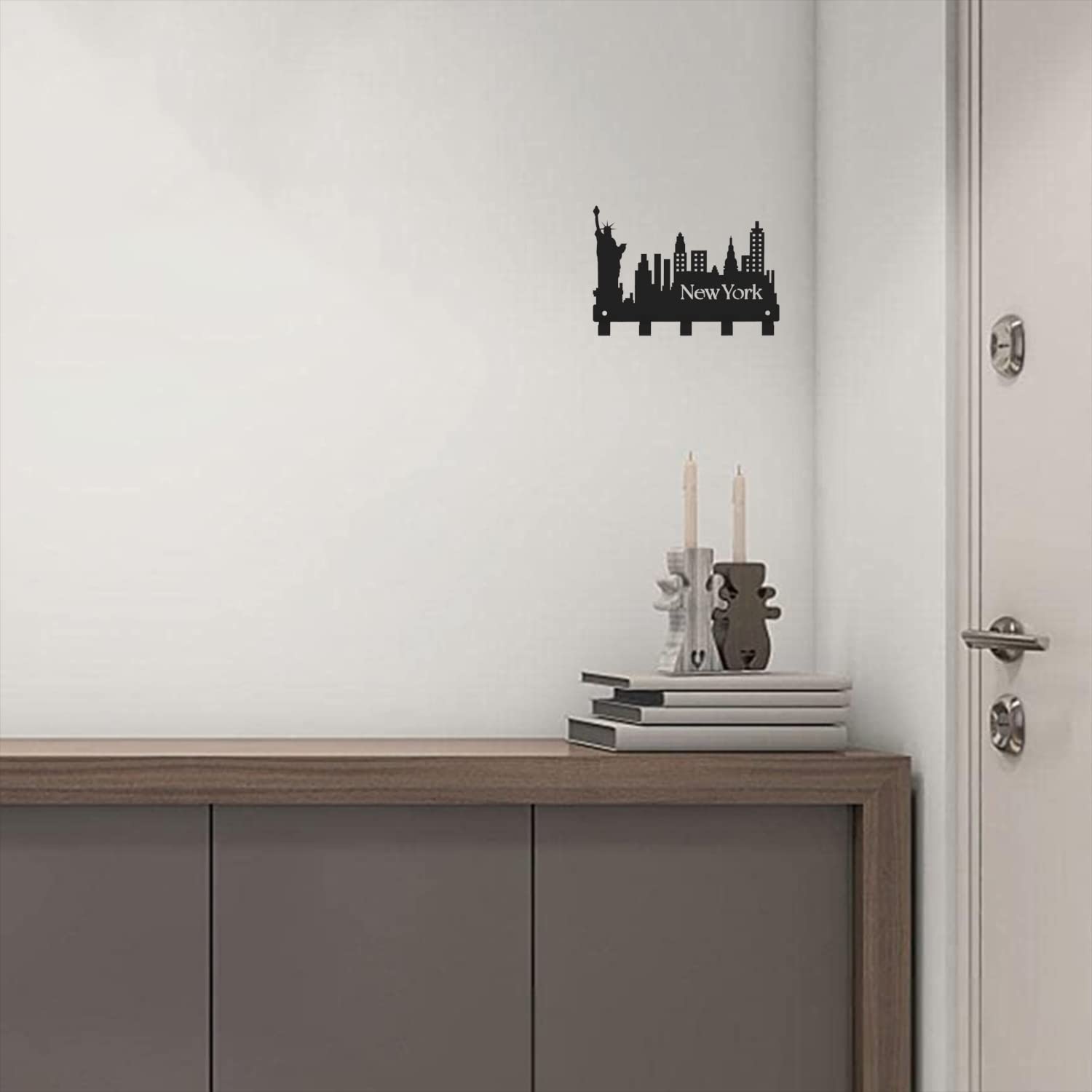Sleutelhouder voor aan de muur, zwart metaal, met 4 haken, modern