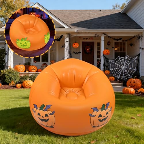 LiamDesign Inflatable Bean Bag Chair Sofa for Kids with Pumpkin Pattern Glow in the Dark, Blow up Air Lounge Chairs Furniture Couch for Camping Movie Night Halloween Decoration Clearance
