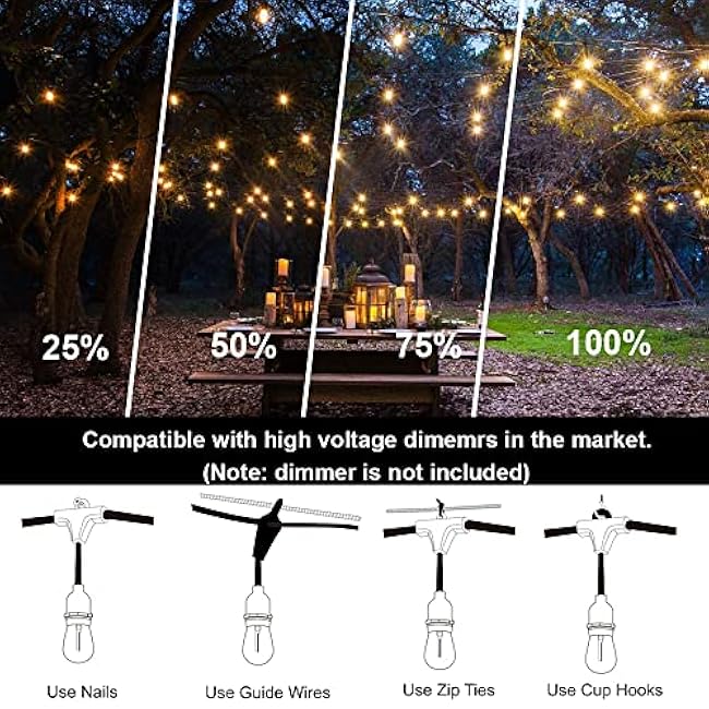 Outdoor String Lights LED 100FT Commercial Grade Heavy Duty Light String Lights with 30 Sockets 32 Shatterproof Plastic Bulbs Include 2 Spare S14 Dimmable Edison Bulbs Patio Market Cafe Light