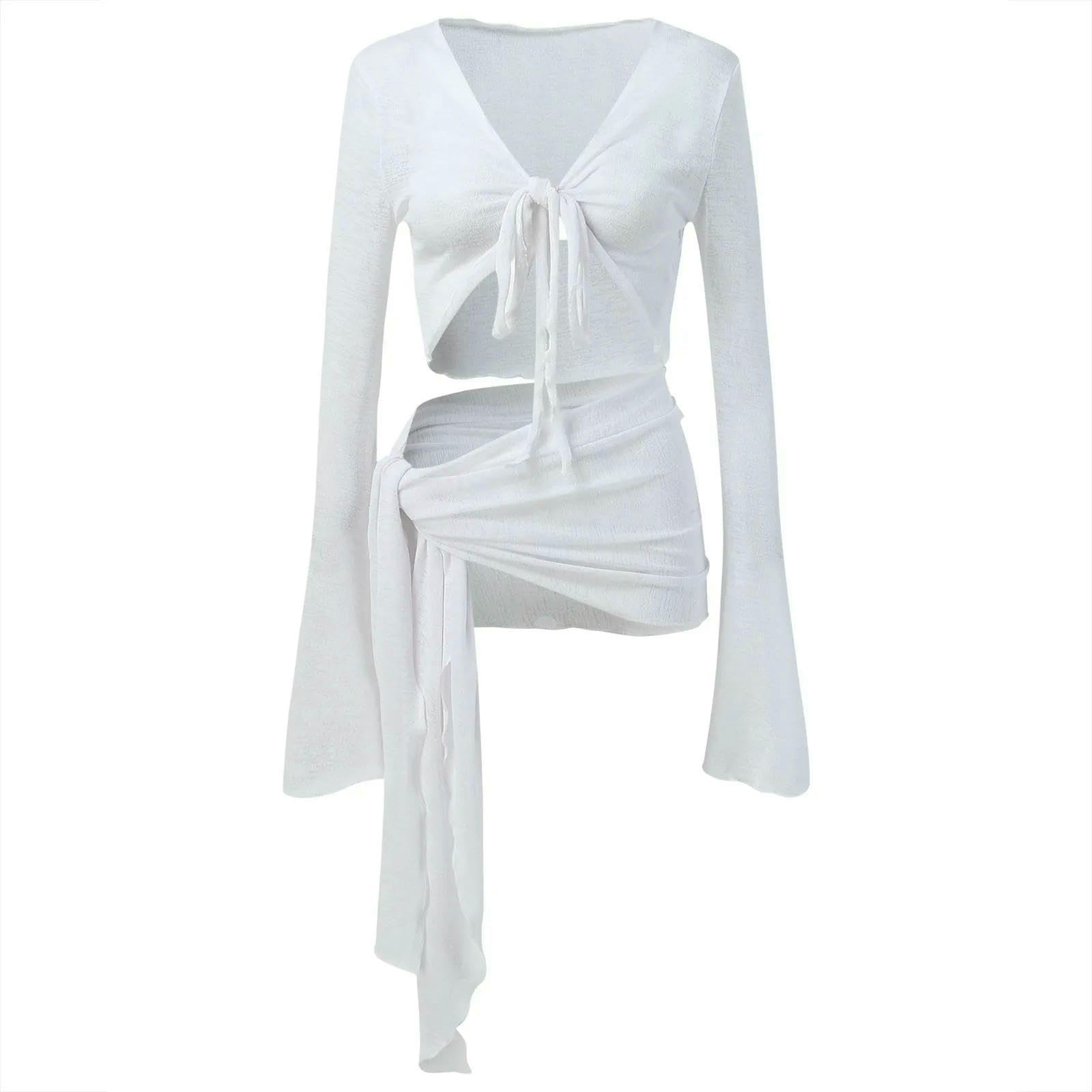 Sukienka plażowa Bikini Cover Up kobiety długie rękawy Sheer Mesh 2 sztuki kostium kąpielowy plaża okrycie sukienka krawat węzeł bandaż crop top zielony-m