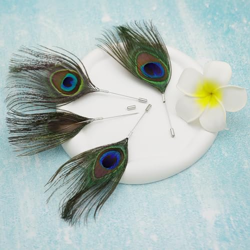 Image of RechicGu 4x Peacock Feather Brooch Pin Set - Black, Vintage Feather Brooch Badge for Western Cowboy Hats, Costumes, Hair Accessories, Lapel Stick Pin