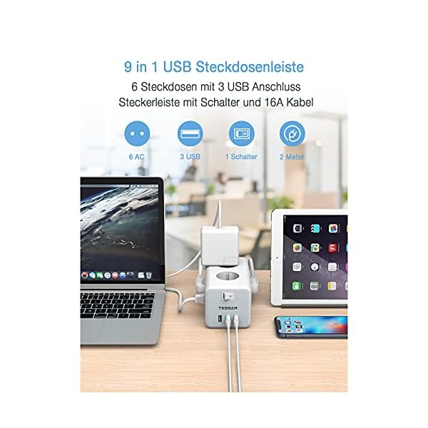 TESSAN 6 Fach Steckdosenleiste 3600W 16A mit 3 USB, 9 in 1 Mehrfachsteckdose Steckdose mit Schalter, Mehrfachstecker… – Bild 3
