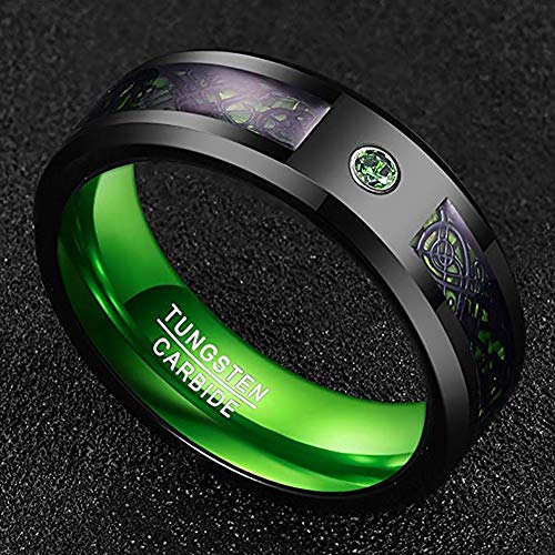 Nuncad Men's 8Mm Tungsten Carbide Ring Black Celtic Dragon Green Carbon Fiber Promise Band Male Ring Size 13 #TOP1