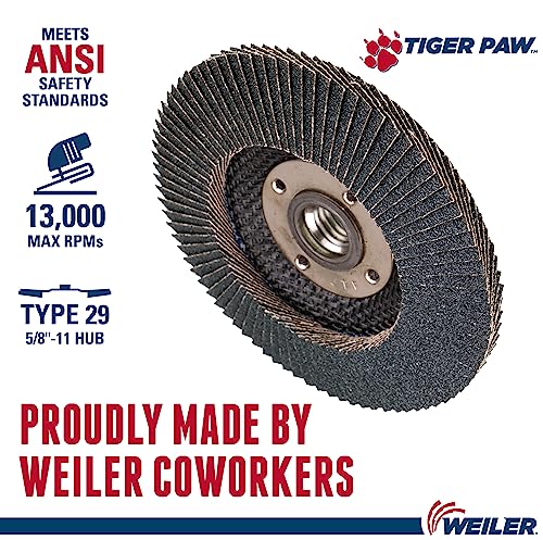 Image of Weiler 51125 4-1 /2 inch Tiger Paw Abrasive Flap Disc, Conical (Ty29), Phenolic Backing, 60Z, 5 /8 inch-11 Unc Nut (Pack of 10)