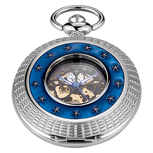 Image of Classic Silver Mechanical Pocket Watch, Roman Numerals Silver Pocket Watch with Chain Box for Men