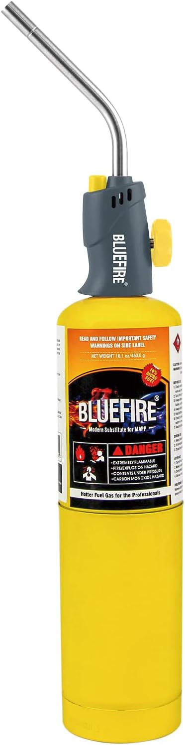 BLUEFIRE Trigger Start Gas Welding Torch Head with MAPP Kit,Extend 1.5" Tube Piezo Self Ignition Nozzle Fuel by MAPP MAP PRO Propane 1lb Handheld Cylinder Soldering Brazing Triple-Point Flame