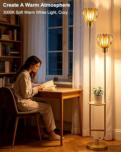 Image of Lightdot Glass Floor Lamp with Table 2-Lights Modern Gold Standing Tall Lamps with Amber Lotus Glass Shade,LED Floor Lamp with Foot Switch for Living Room Bedroom Home Office (Bulbs Included)