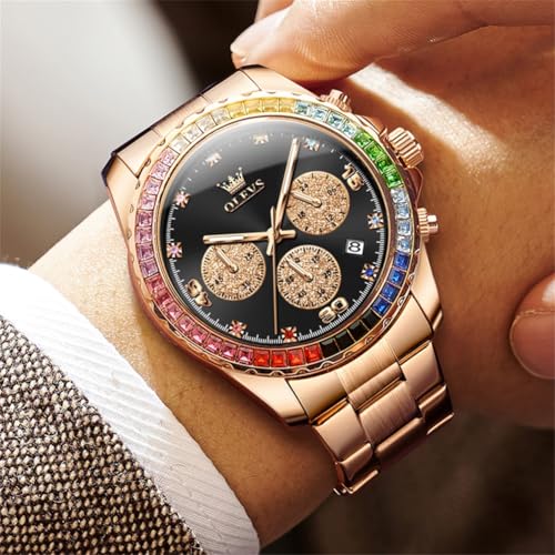 Image of OLEVS Watch for Men Luxury Gold Diamond Chronograph Business Wristwatch with Analog Quartz, Date Calendar, Stainless Steel Band, Luminous Hands, Waterproof