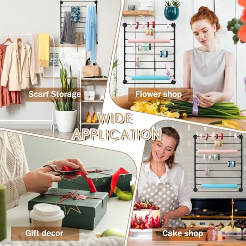 Image of Menkxi 9 Tier Wall Mounted Ribbon Organizer Metal Ribbon Holder Organizer Rack Wrapping Paper Storage for Sewing Craft Mesh Thread Tape Wreath Crochet Craft Room Flower Shop(Black)