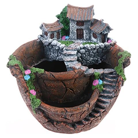 NUOLUX Micro Landscape Artificial Flowers Succulent Plants Pot Tiny Creative Flower Pot Holders Hanging Garden Design with Sweet House (Orange) Cover