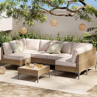 SunloungeCo 7-Piece Patio Furniture Set, Outdoor Wicker Sectional Sofa with Coffee Table, Anti-Slip & Thick All-Weather Cushions for Sunroom,Garden,Backyard, Beige
