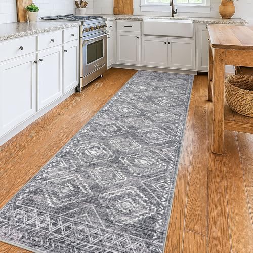KILOCOCO Hallway Runner Rug 3'x10' Runners for Hallways Washable Runner Rug Non Slip Rubber Backed Low-Pile Runners for Bedroom Kitchen Living Room Laundry Room Boho Rugs, Grey
