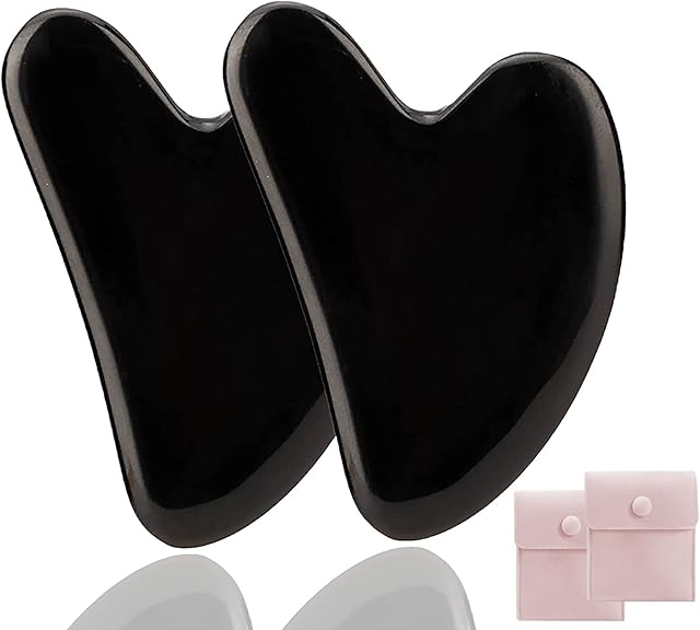 Narzędzia do twarzy Gua Sha, jadeitowe kamienie Gua Sha, do masażu, do fizjoterapii i terapii akupunktury SPA, stosowane do twarzy, oczu, szyi i ciała (czarne, 2 szt.)