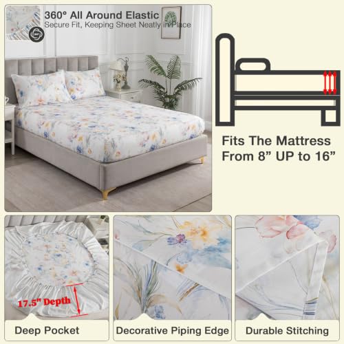 Image of Vintage Blue Floral Percale Bed Sheets Full Size Deep Pocket, 4Pcs | 100% Cotton Patterned Farmhouse Sheet Set, Peony Print Shabby Chic White Sheets, Luxury Toile Bedding, Wildflower, Soft Crisp
