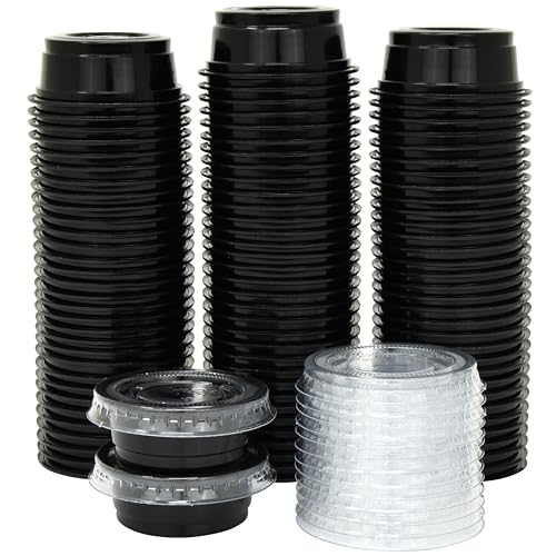 Galashield 0.5 oz Black Jello Shot Cups with Lids, 100 Pack - Small Disposable Plastic Portion Containers, Sauce Cups Condiment & Salad Dressing To Go