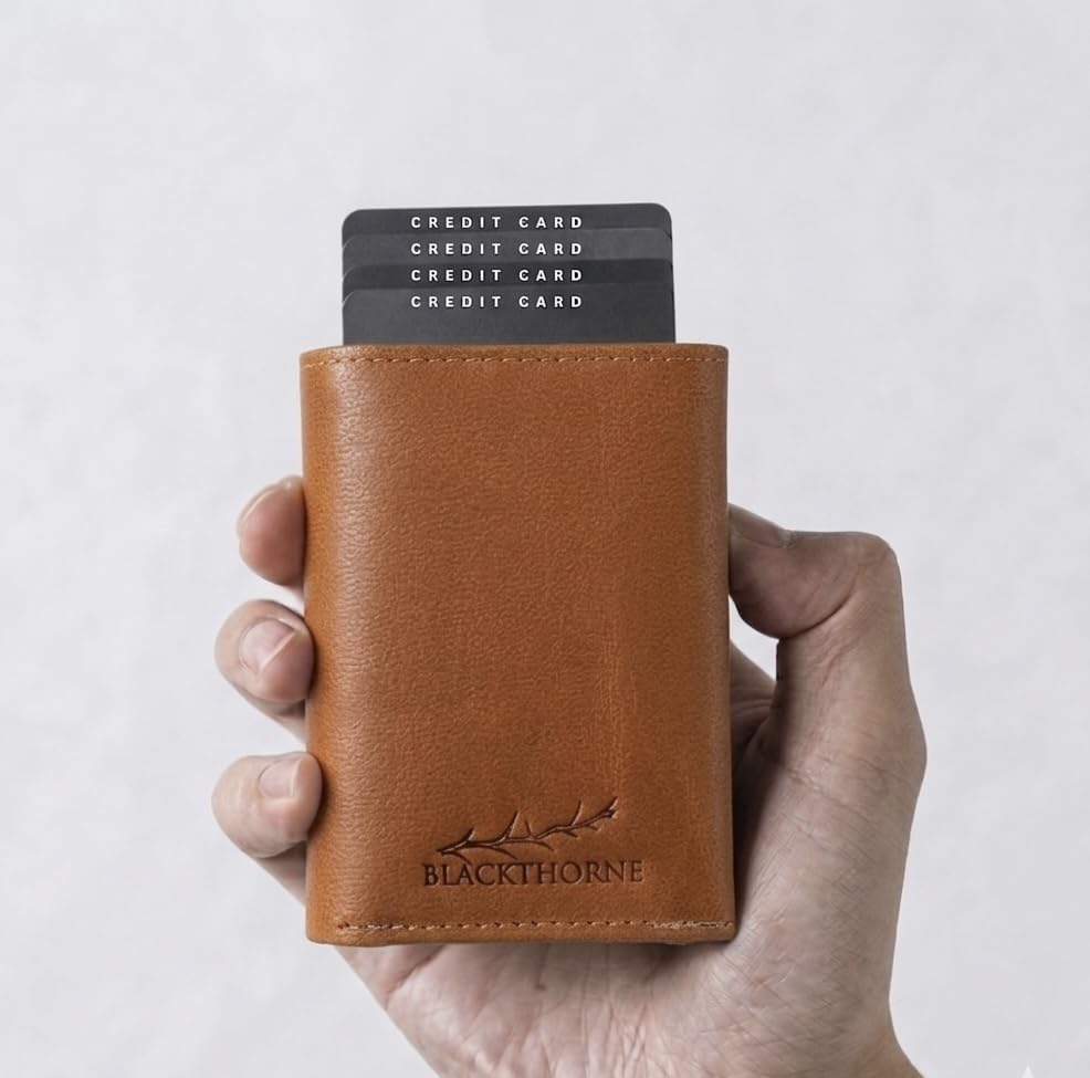 Image of BLACKTHORNE Wallet for Men | RFID Blocking Genuine Leather Pop-Up Card Holder | Slim Minimal Design with Aluminium Case Holds 6-8 Cards, Coin Pocket & Trifold Magnetic Closure (Tan)