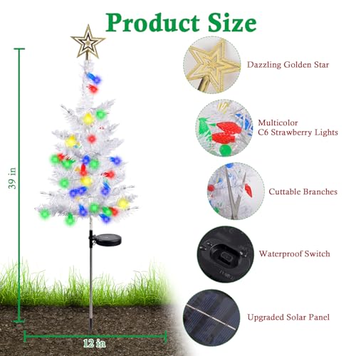 2 Pack 39'' Solar Christmas Tree Lights Outdoor - Large White Solar Christmas Tree with 100 LED Multi-Color C6 String Lights for Outside Decorations, Xmas Trees Decor for Yard Pathway Cemetery by Nerien - Image 2