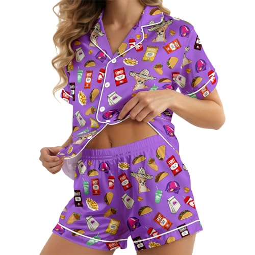 Image of HUNTFAMI Womens Soft Silky Satin Pajamas Set, 2 Pcs Sleep Short Pajamas for Mom and Grandma Button Down Summer Loungewear