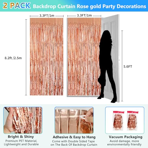 Image of Rose Gold Birthday Party Decorations Foil Fringe Backdrop Curtain 2 Pack 3.3x8.2 Ft, Rose Gold Streamers Happy Birthday Banner Backdrop Arch Decor for Sweet 16 Women Girl Baby Shower Bridal Shower
