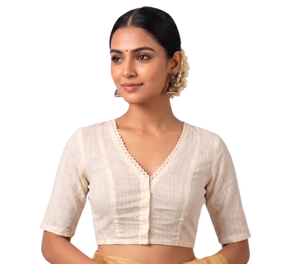 Image of Studio Shringaar Women's Handloom Cotton Side Stretchable (Smocked) Readymade Saree Blouse with Crochet Neckline