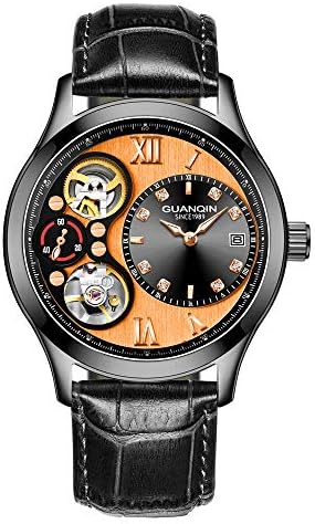 Men Calendar Analog Automatic Self Winding Mechanical Skeleton Wrist Watch with Leather Band Luminous Pointer