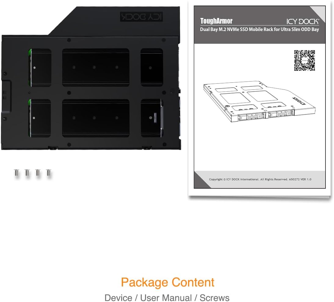 ICY DOCK 2 x M.2 NVMe SSD PCIe 4.0 Mobile Rack for 9.5mm Ultra Slim ODD Bay (not Support Tri-Mode) | ToughArmor MB852M2PO-B