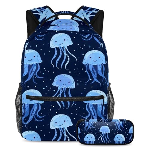 Cartable bleu fantôme méduse grand format avec sa trousse assortie