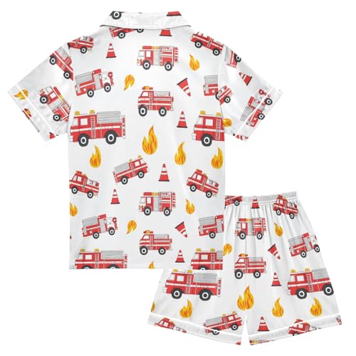 Cartoon Cute Firetruck Summer Satin Pajama Set, Cute Button-Down Sleepwear Pj Set for Sleep Wears2