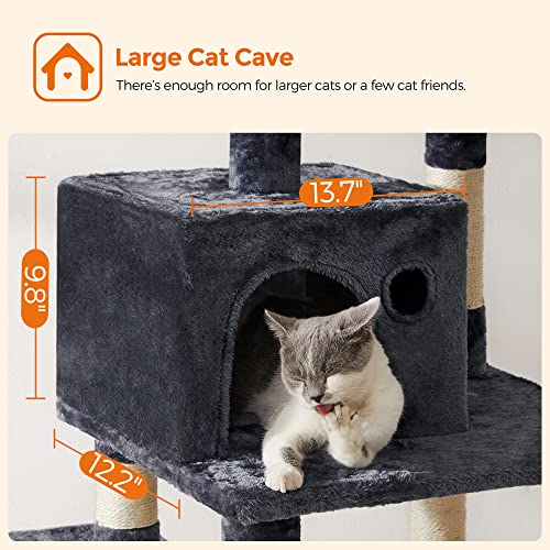 Feandrea Cat Tree, 56.3-Inch Cat Tower, Multi-Level Plush Condo with 11 Scratching Posts, 2 Perches, Hammock, Cave, Smoky Gray UPCT15GYZ by Feandrea - Image 4