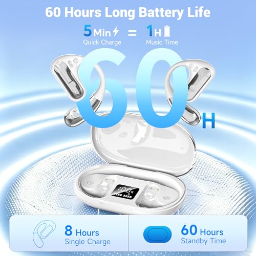 Image of Open Ear Headphones, Bluetooth 5.4 Wireless Earbuds with Ear Hooks, 60H Playtime, AI Clear Call, LED Display Charging Case, IPX7 Waterproof Sports Earphones for Running Workouts Commute, White